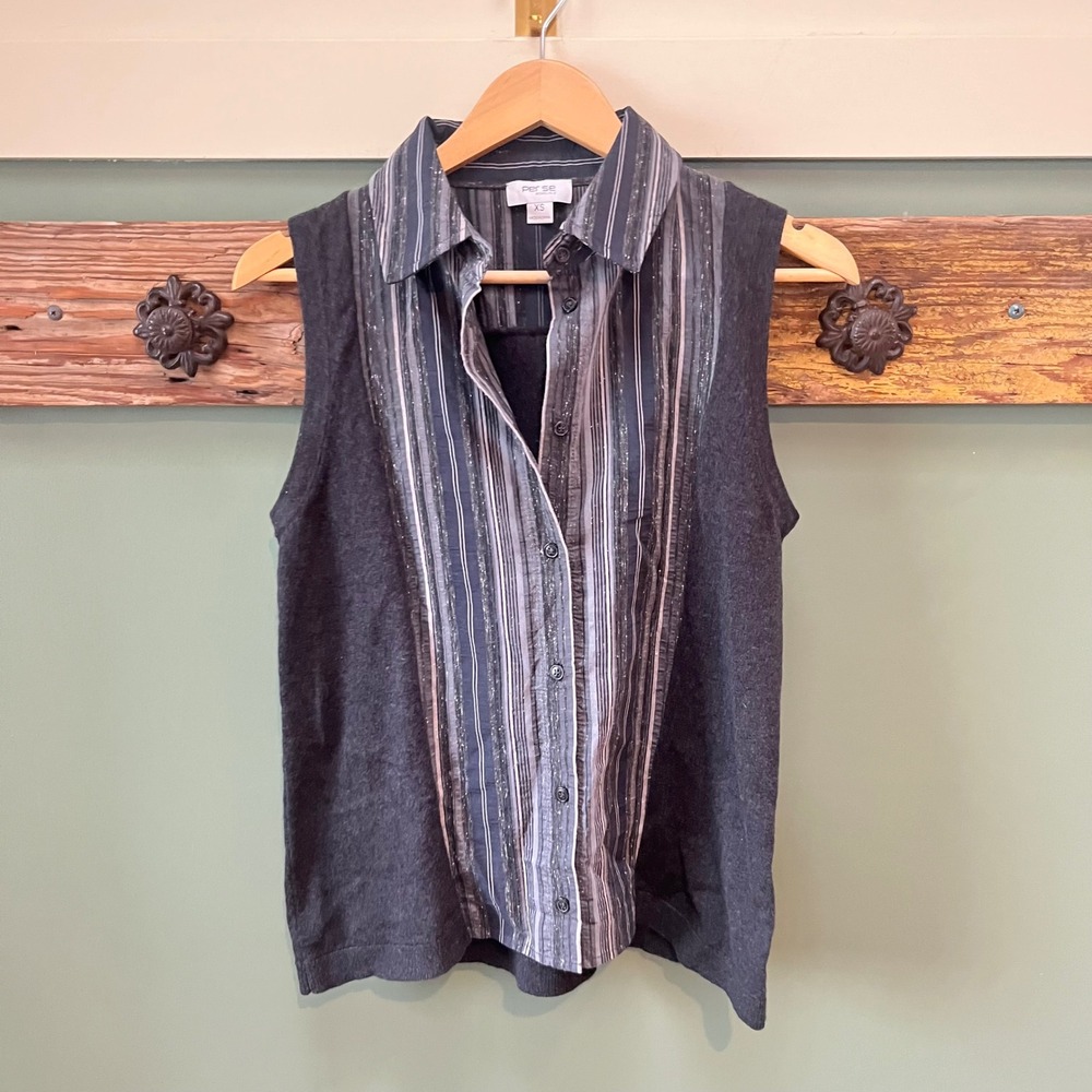 Per Se by Carlisle Womens XS Gray Striped‎ Mixed Media Cashmere Silk Knit Top